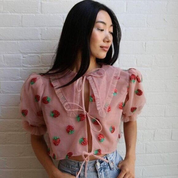 Lirika Matoshi Strawberry Print Tulle Tie Front Collared Cropped Blouse Top - Picture 2 of 11